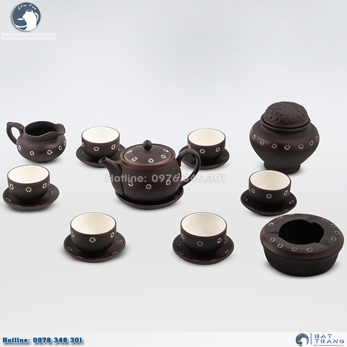 Bộ ấm chén Bát Tràng nâu hoa trắng 300ml độc đáo sang trọng 