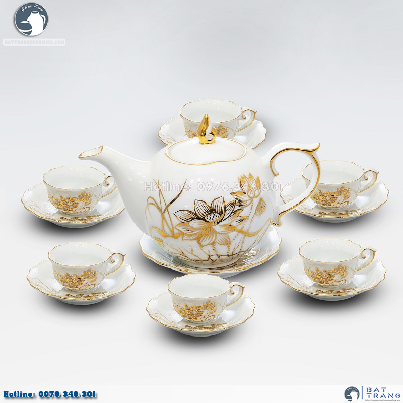 Bộ ấm chén Bát Tràng khắc sen vàng 24k trắng ngà sang trọng 