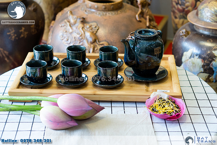 Bộ ấm chén men hỏa biến quả xoài gốm Bát Tràng sang trọng độc đáo