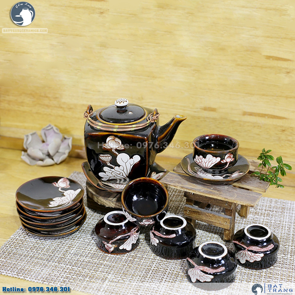 Bộ ấm chén vuông nâu sen men hỏa biến Bát Tràng tinh xảo độc đáo 