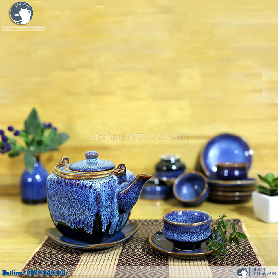 Bộ ấm chén vuông đá xanh men hỏa biến Bát Tràng đẹp độc lạ