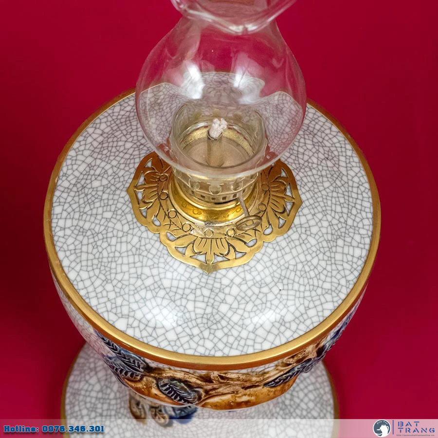 Đèn thờ váy vuông hoa Đào Bát Tràng men rạn cao cấp sang trọng
