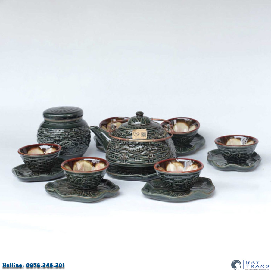 Bộ ấm vuốt tay Cá Chép Liên Hoa sang trọng tặng kèm hũ trà