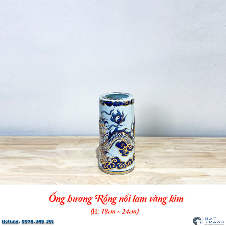 Ống hương Rồng men lam vàng kim Bát Tràng gốm sứ cao cấp đẹp 