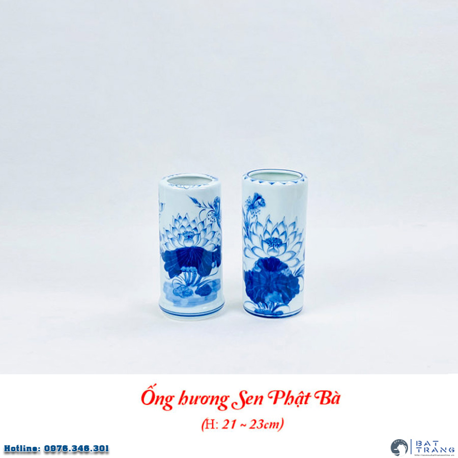 Đôi ống hương Sen Phật Bà Bát Tràng sứ men lam vẽ tay đẹp