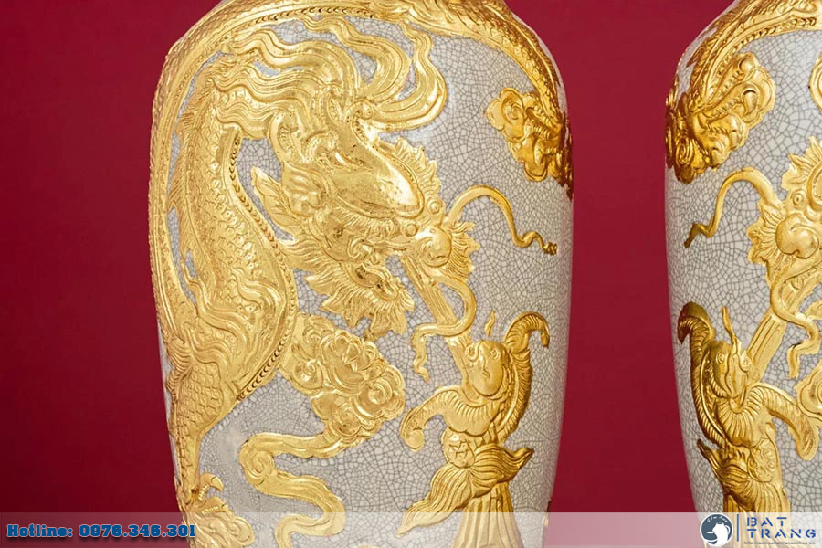 Lọ hoa men rạn Long Quấn Thủy dát vàng Bát Tràng sang trọng cao cấp