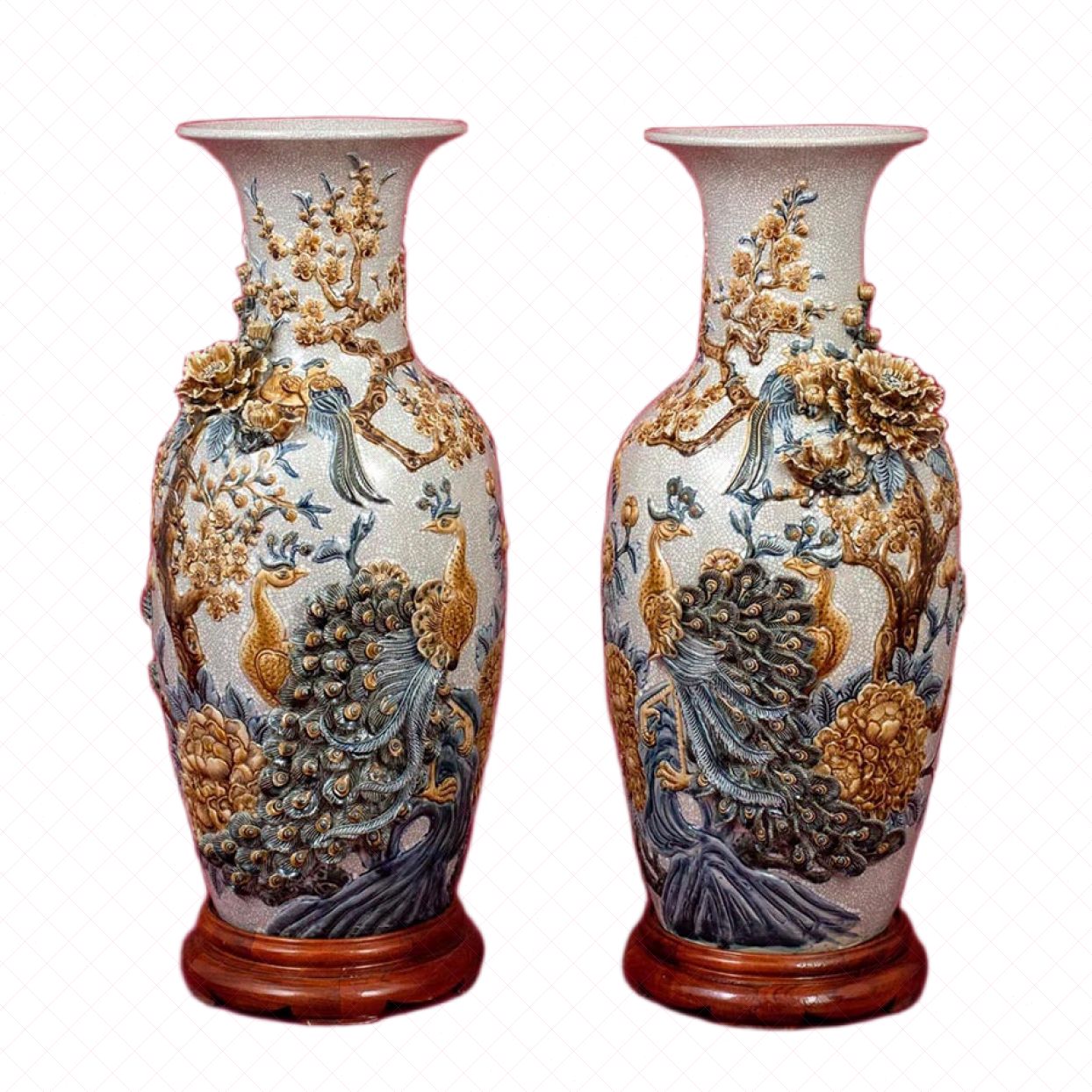 Lọ hoa thờ men rạn đắp nổi Bát Tràng sang trọng Công Danh Phú Quý cao cấp 