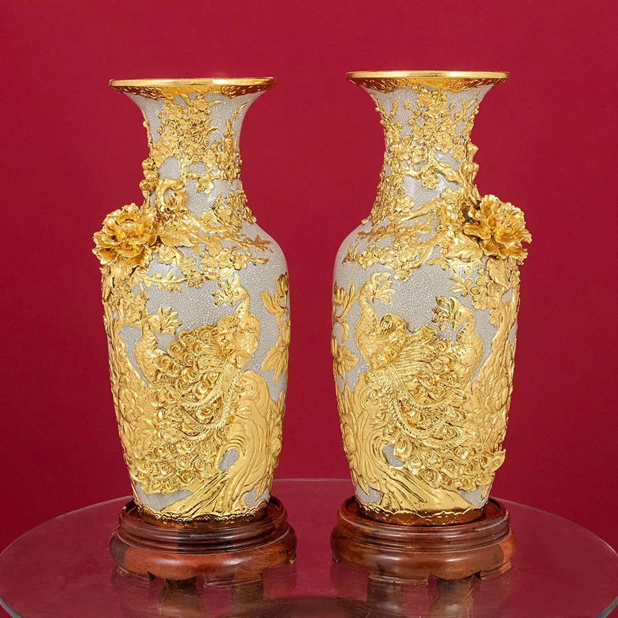 Lọ hoa thờ Công Danh Phú Quý men rạn dát vàng đắp nổi sang trọng 