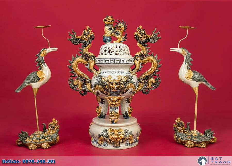 Đỉnh sứ Bát Tràng men rạn đắp nổi cao cấp, quà tặng sang trọng