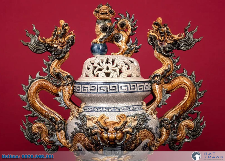 Đỉnh sứ Bát Tràng men rạn đắp nổi cao cấp, quà tặng sang trọng