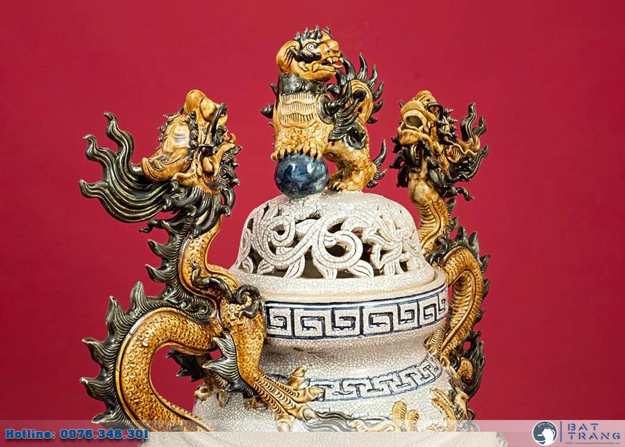 Đỉnh sứ Bát Tràng men rạn đắp nổi cao cấp, quà tặng sang trọng