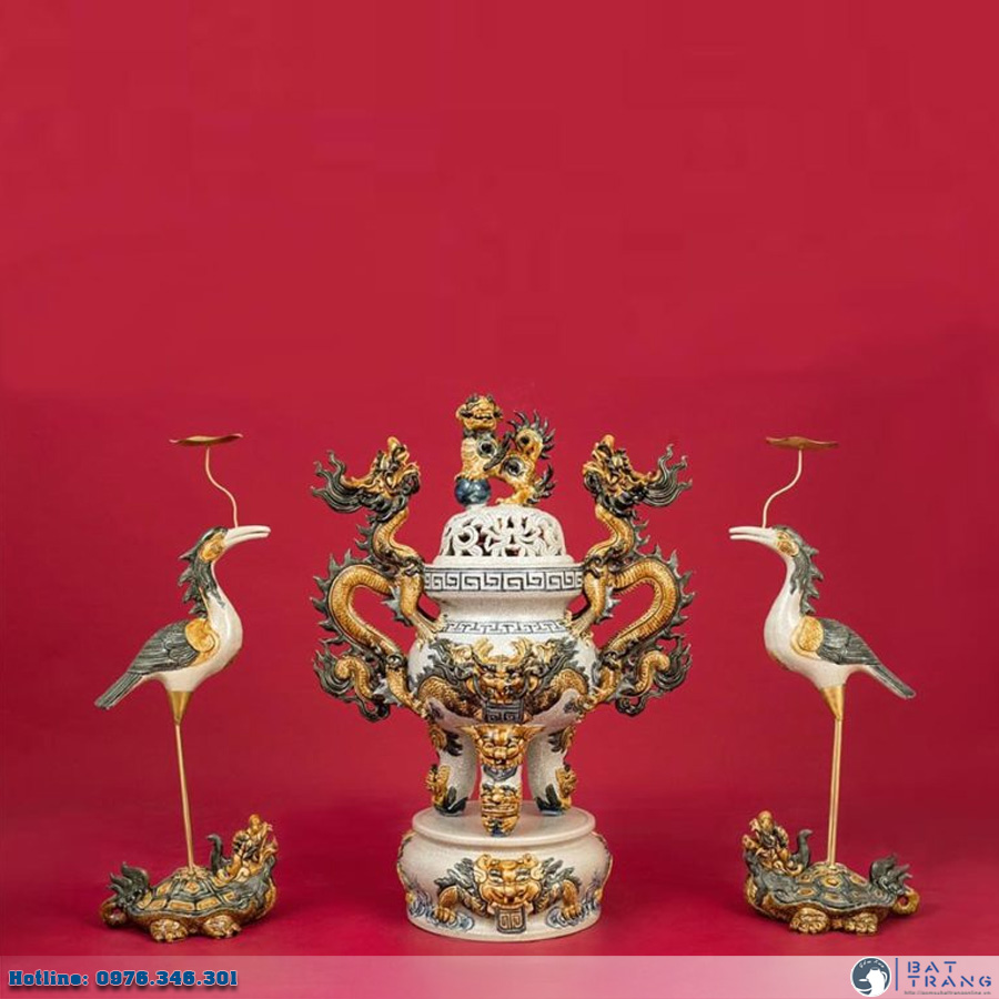 Đỉnh sứ Bát Tràng men rạn đắp nổi cao cấp, quà tặng sang trọng 