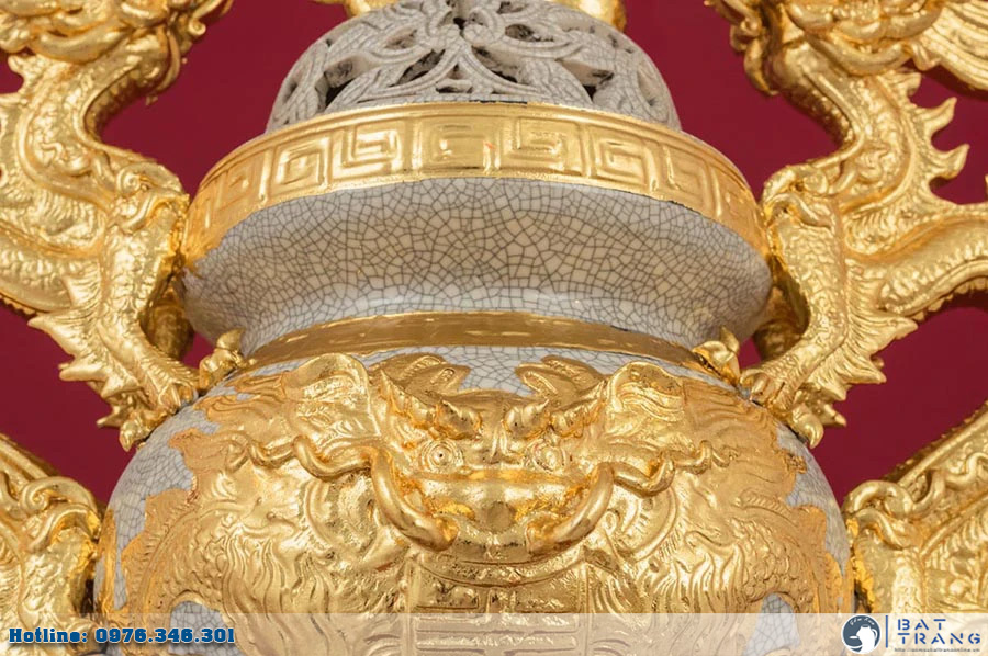 Đỉnh Hạc men rạn dát vàng Bát Tràng Sứ Thờ cao cấp sang trọng