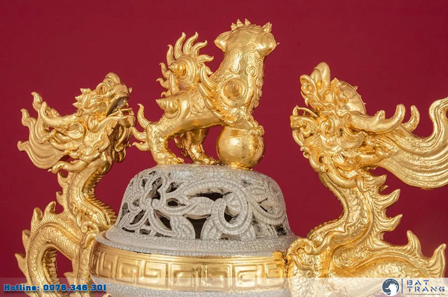 Đỉnh Hạc men rạn dát vàng Bát Tràng Sứ Thờ cao cấp sang trọng