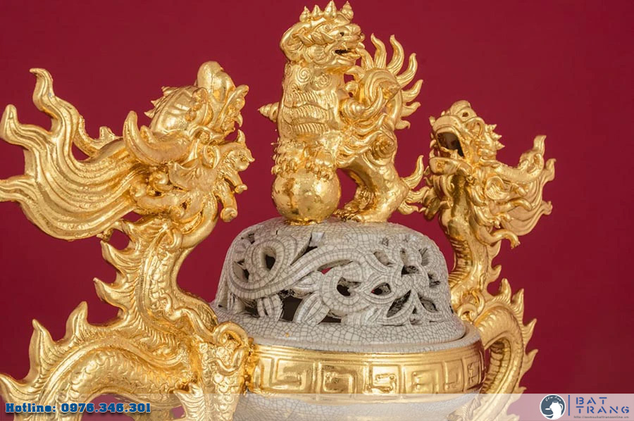 Đỉnh Hạc men rạn dát vàng Bát Tràng Sứ Thờ cao cấp sang trọng