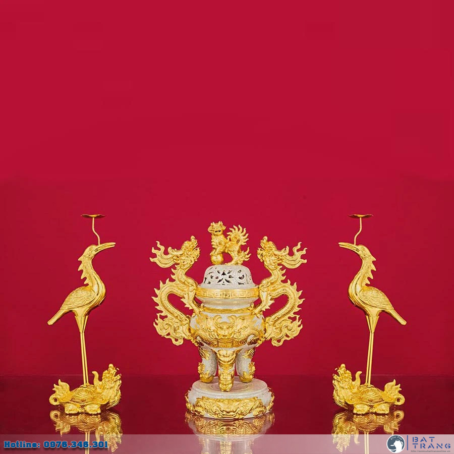 Đỉnh Hạc men rạn dát vàng Bát Tràng Sứ Thờ cao cấp sang trọng 