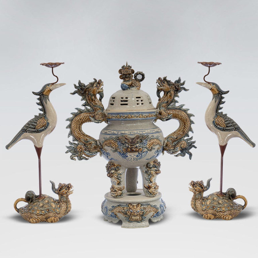 Bộ đỉnh hạc men rạn Bát Tràng 63cm sang trọng gốm sứ