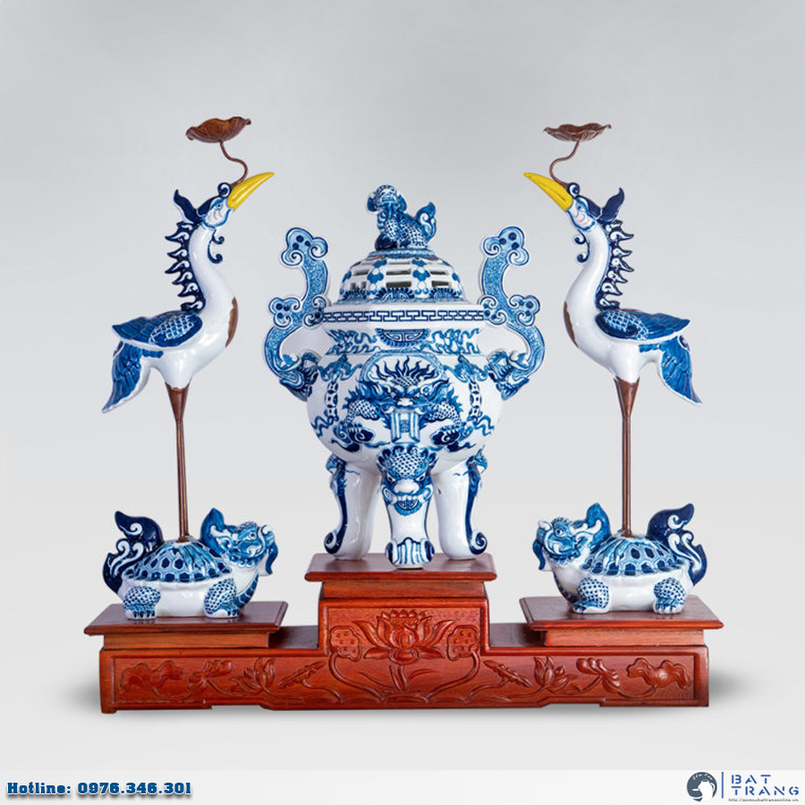 Bộ đỉnh hạc men rạn Bát Tràng 63cm sang trọng gốm sứ