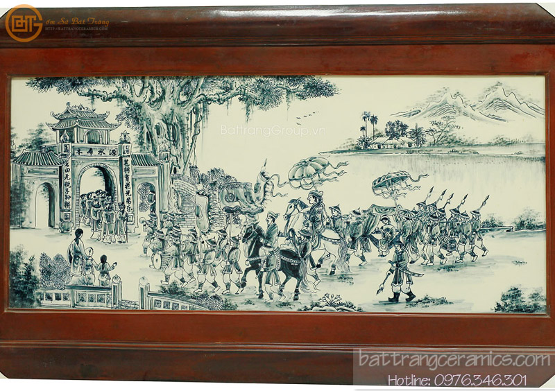 Tranh gốm Bát Tràng Vinh quy Bái tổ đen trắng cao cấp