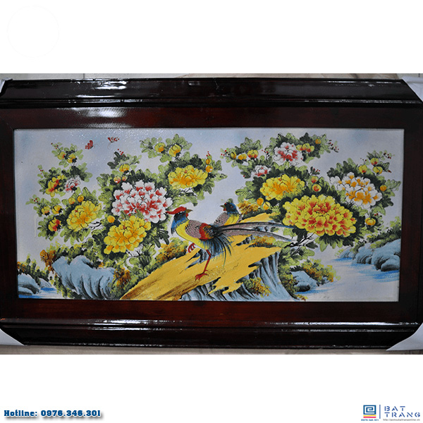 Tranh sứ chim trĩ hoa phù dung đẹp 116x64cm trang trí nhà