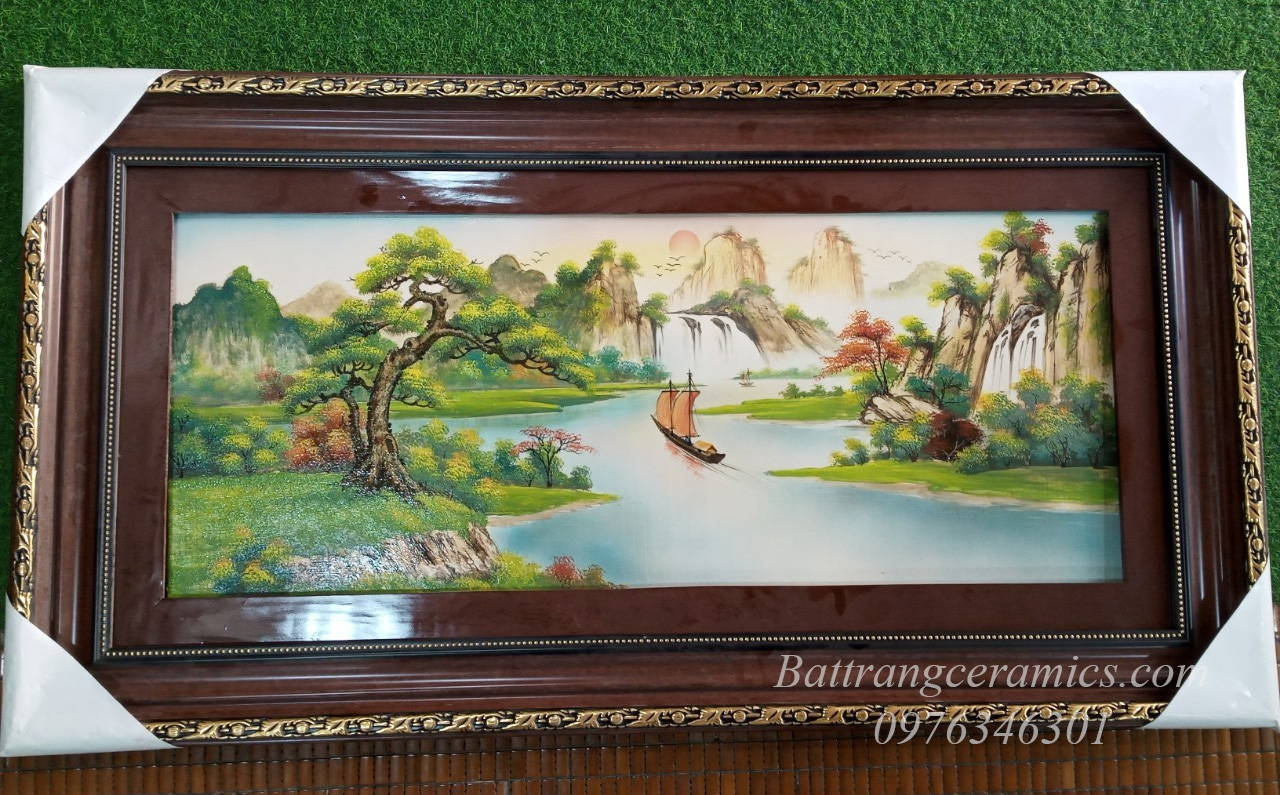 Tranh sứ Bát Tràng sơn thủy hữu tình 130x70cm sang trọng
