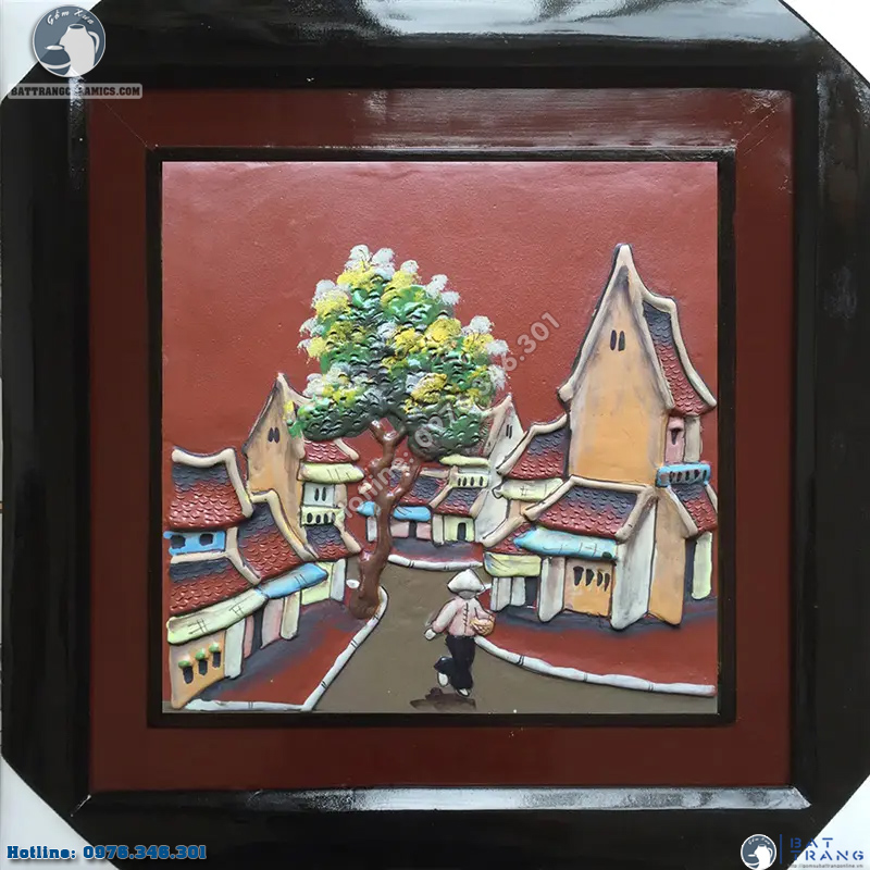 Tranh gốm sứ phố cổ 50x50cm Bát Tràng cao cấp sang trọng