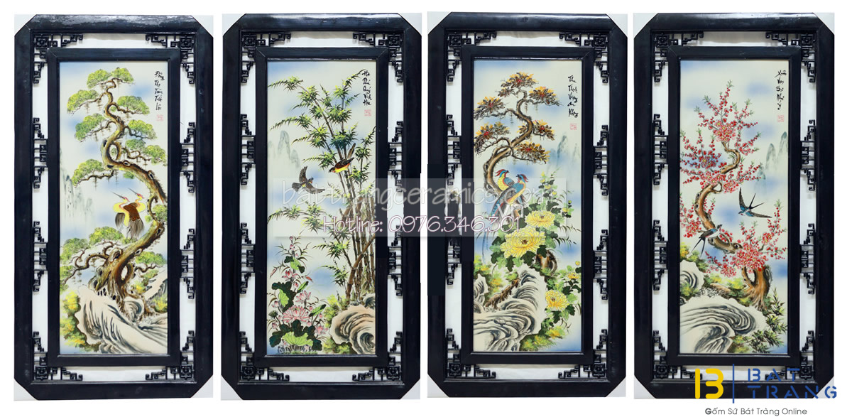 Tranh tứ quý đắp nổi men màu 1m x 50cm trang trí phong thủy