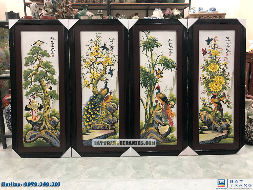 Tranh tứ quý Bát Tràng đắp nổi men màu sang trọng 120x55cm