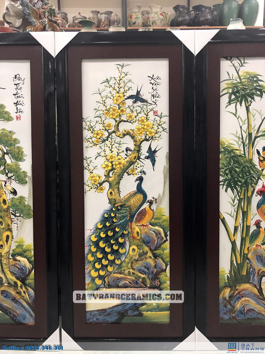 Tranh tứ quý Bát Tràng đắp nổi men màu sang trọng 120x55cm
