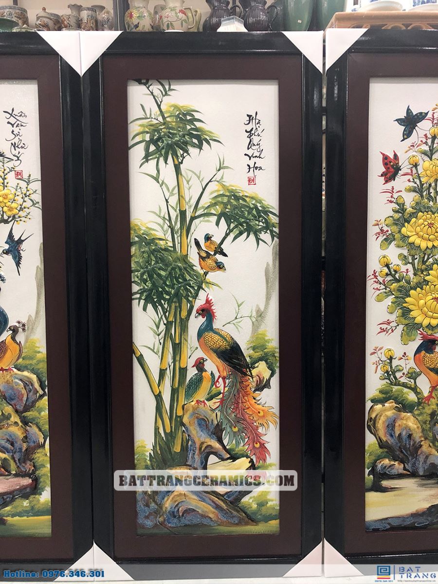 Tranh tứ quý Bát Tràng đắp nổi men màu sang trọng 120x55cm