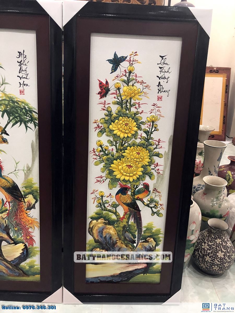 Tranh tứ quý Bát Tràng đắp nổi men màu sang trọng 120x55cm