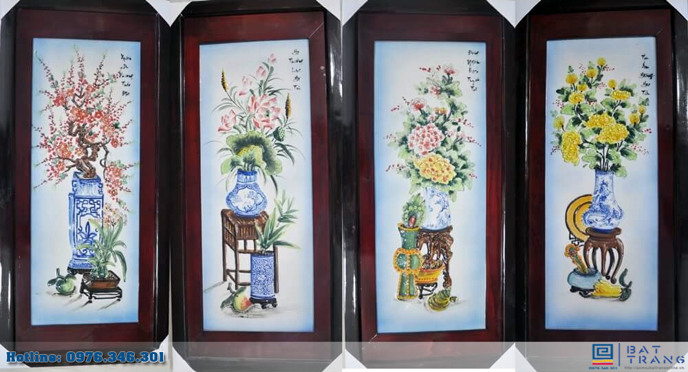 Tranh tứ cảnh cổ đồ men nổi 98x48cm trang trí nghệ thuật đẹp