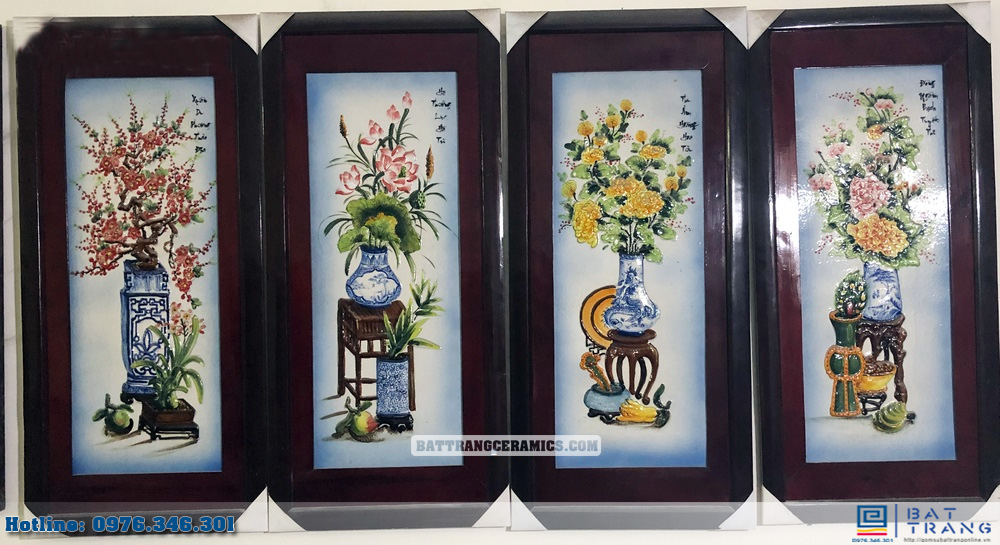 Tranh tứ cảnh cổ đồ men nổi 98x48cm trang trí nghệ thuật đẹp