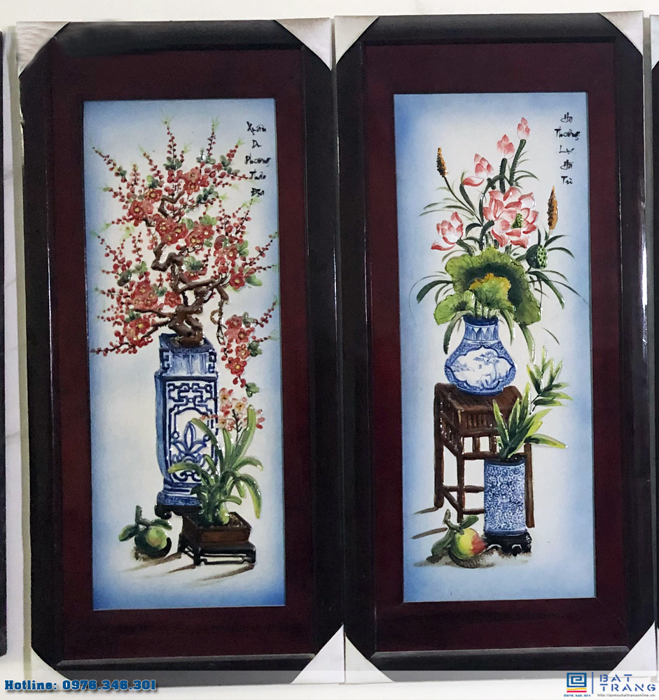Tranh tứ cảnh cổ đồ men nổi 98x48cm trang trí nghệ thuật đẹp