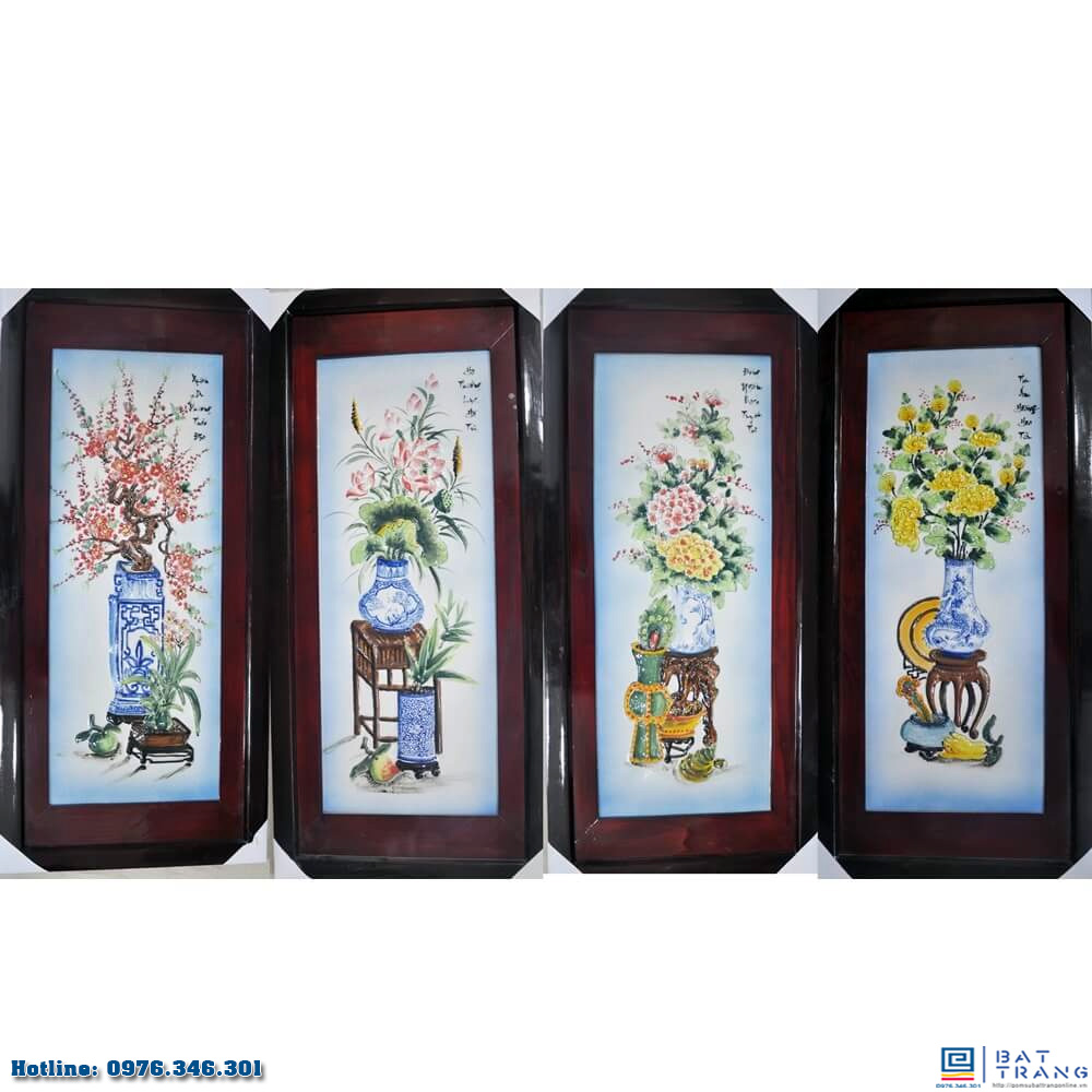 Tranh tứ cảnh cổ đồ men nổi 98x48cm trang trí nghệ thuật đẹp 