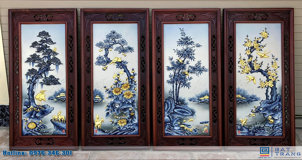 Tranh Tứ Quý Tùng Cúc Trúc Mai dát vàng gỗ gụ sang trọng Bát Tràng