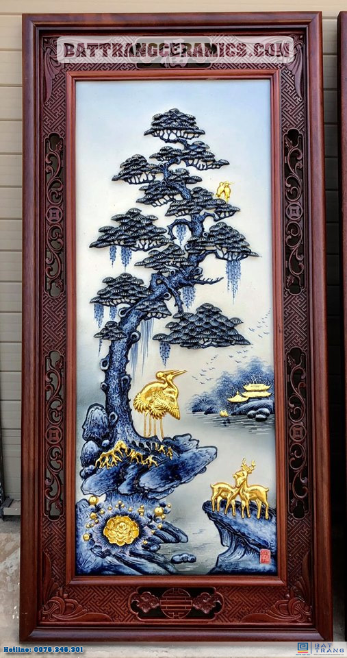 Tranh Tứ Quý Tùng Cúc Trúc Mai dát vàng gỗ gụ sang trọng Bát Tràng