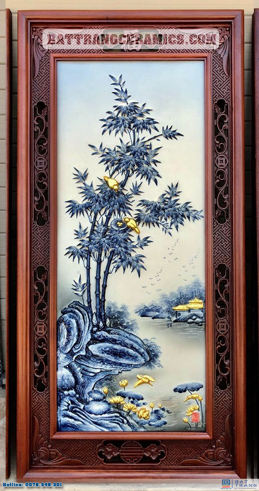Tranh Tứ Quý Tùng Cúc Trúc Mai dát vàng gỗ gụ sang trọng Bát Tràng