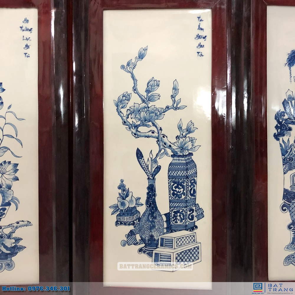Tranh tứ quý cổ đồ Bát Tràng men xanh sang trọng kích thước 98x48cm