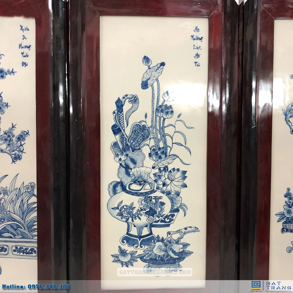 Tranh tứ quý cổ đồ Bát Tràng men xanh sang trọng kích thước 98x48cm