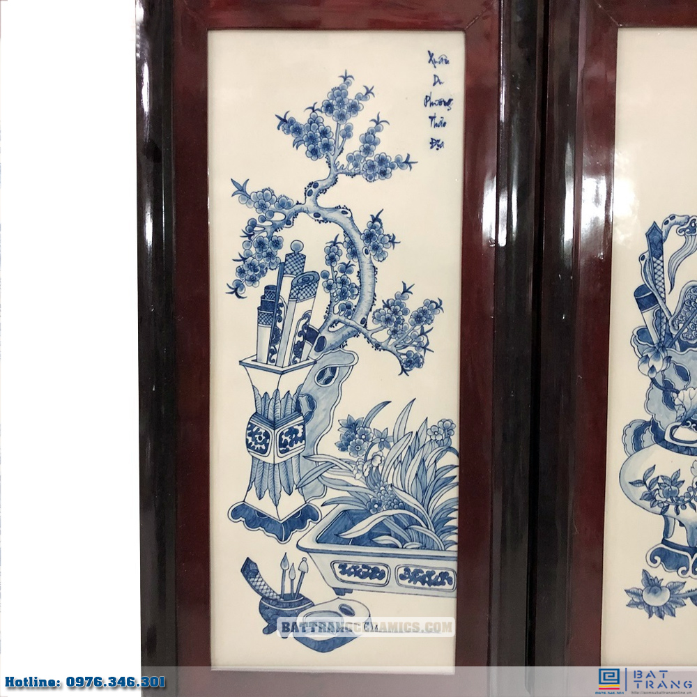Tranh tứ quý cổ đồ Bát Tràng men xanh sang trọng kích thước 98x48cm