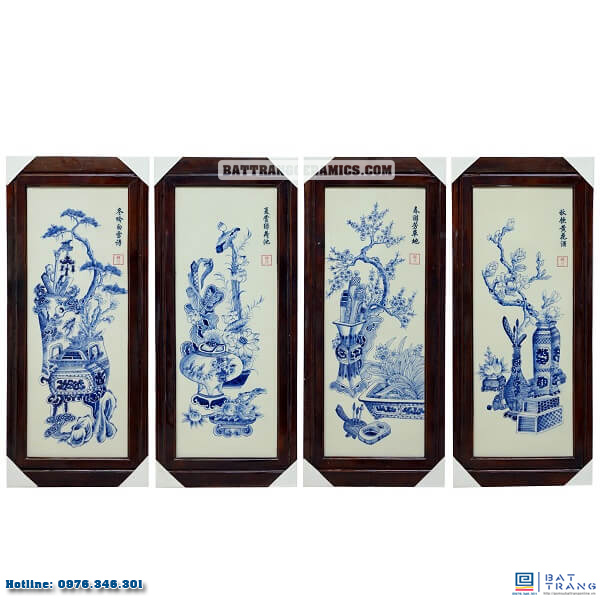 Tranh tứ quý cổ đồ Bát Tràng men xanh sang trọng kích thước 98x48cm 