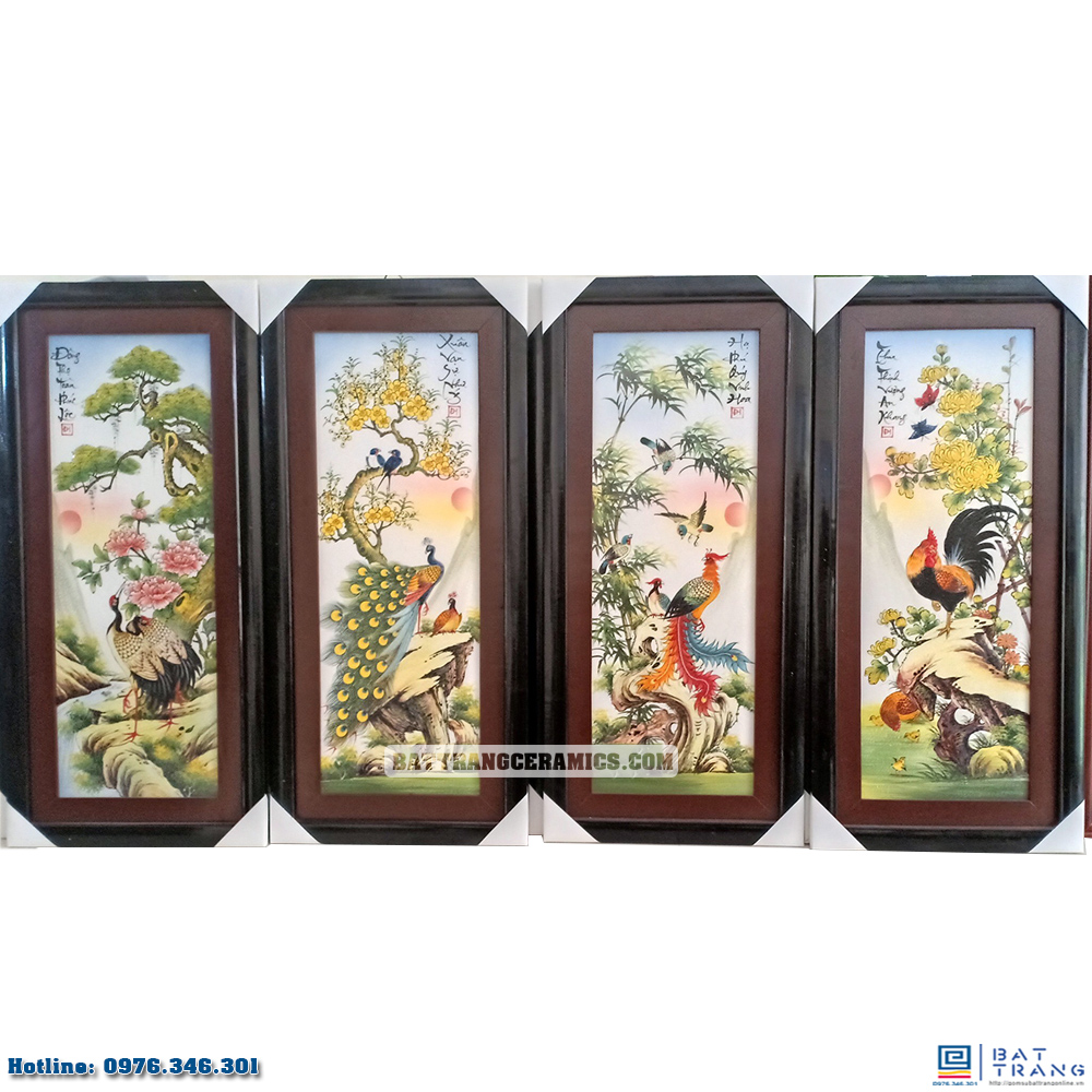 Tranh tứ quý Bát Tràng Tùng Cúc Trúc Mai men màu 120x55cm sang trọng trang trí 