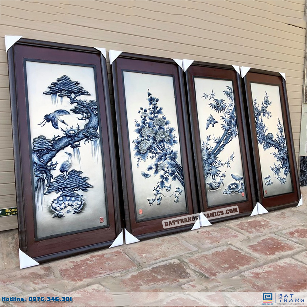 Tranh tứ quý men lam tràm 90x43cm decor sang trọng phong thủy