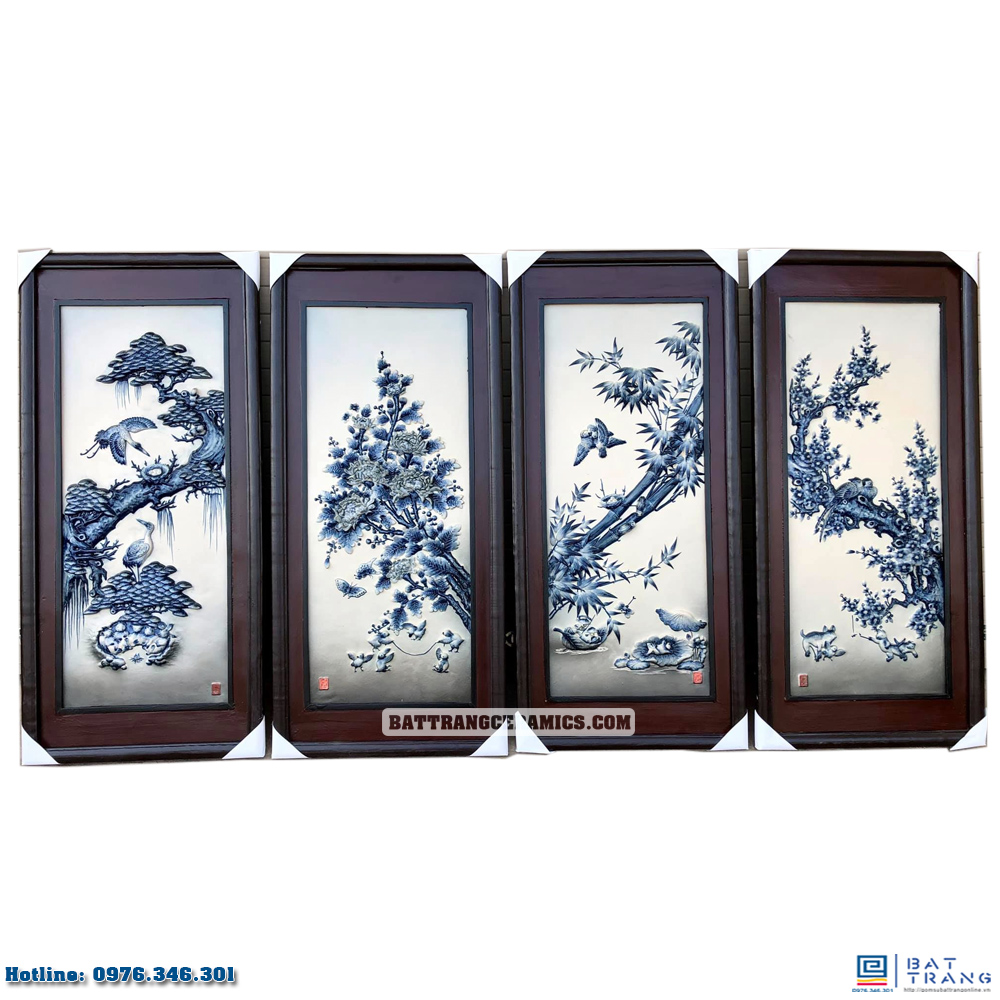 Tranh tứ quý men lam tràm 90x43cm decor sang trọng phong thủy 