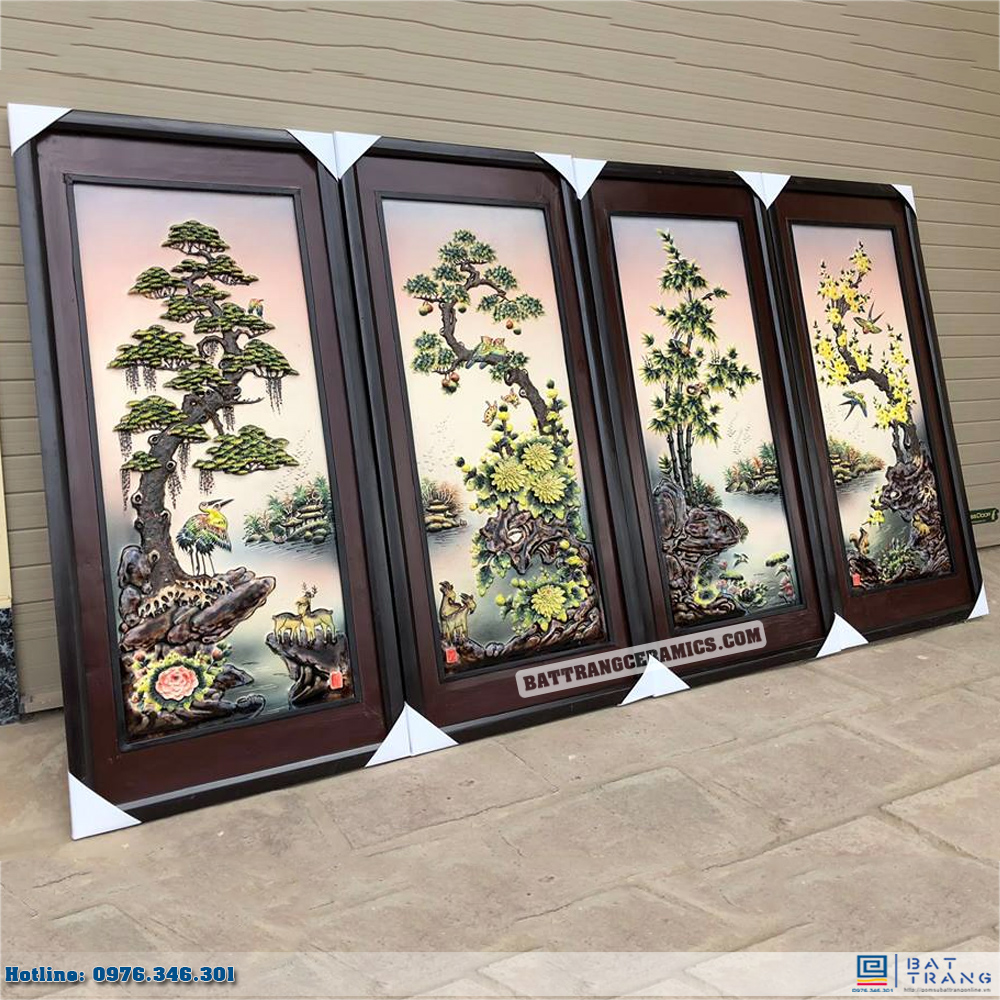 Tranh tứ quý đắp nổi men màu 90x43 sang trọng nghệ thuật tinh xảo