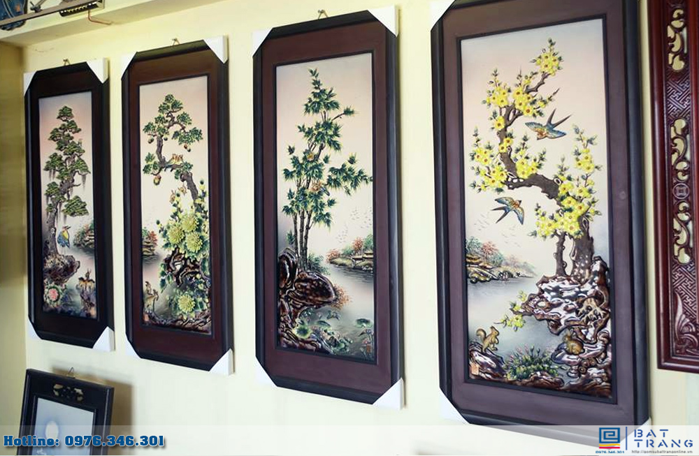Tranh tứ quý đắp nổi men màu 90x43 sang trọng nghệ thuật tinh xảo