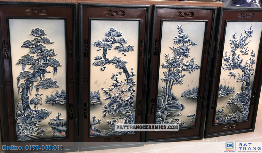 Tranh tứ quý đắp nổi men lam tràm 90x43cm sang trọng gốm sứ