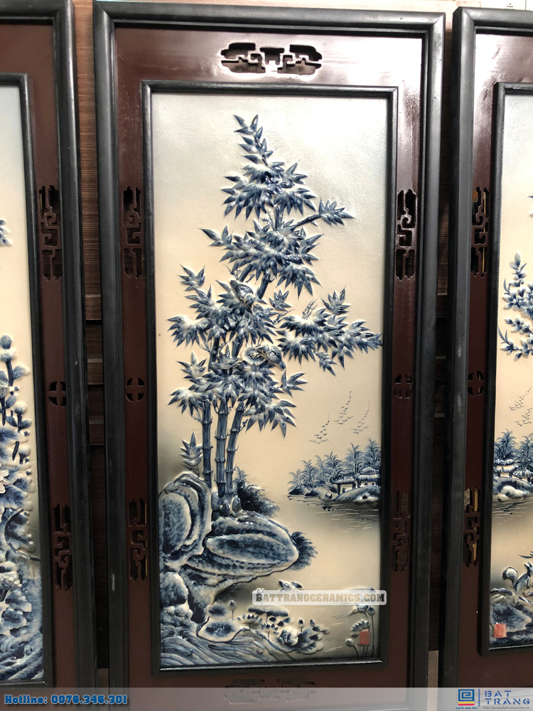 Tranh tứ quý đắp nổi men lam tràm 90x43cm sang trọng gốm sứ