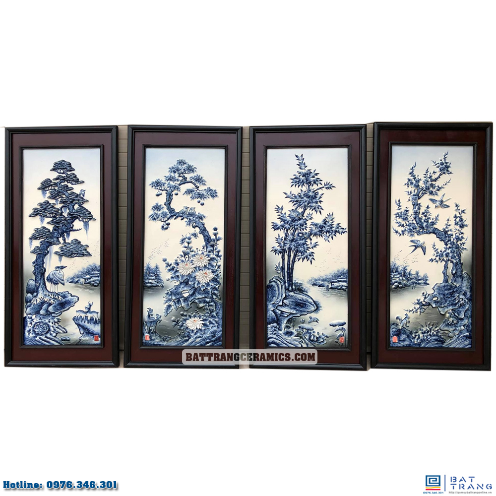 Tranh tứ quý đắp nổi men lam tràm 90x43cm sang trọng gốm sứ 